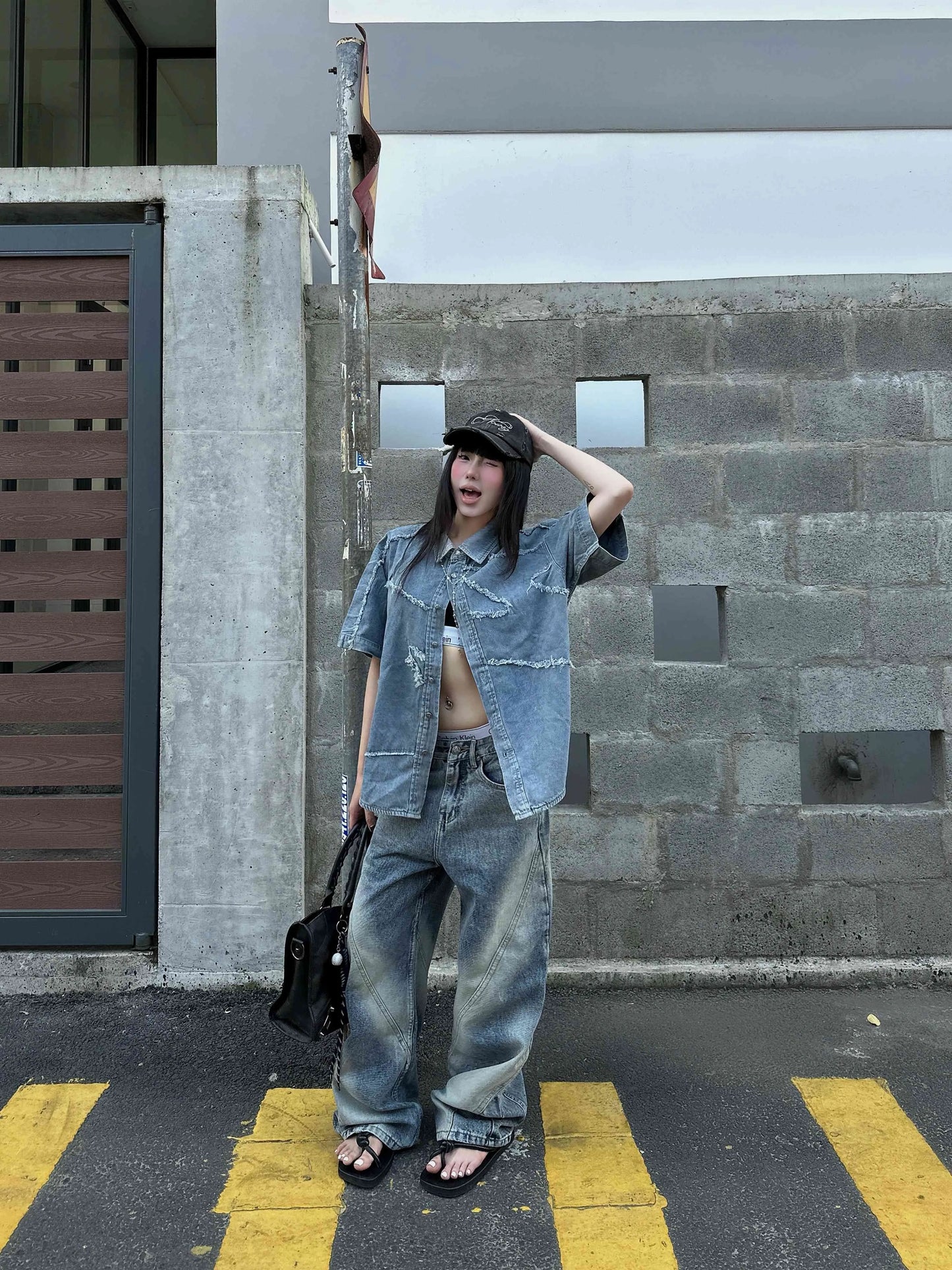 Bleached Wide Denim Pants - Blue