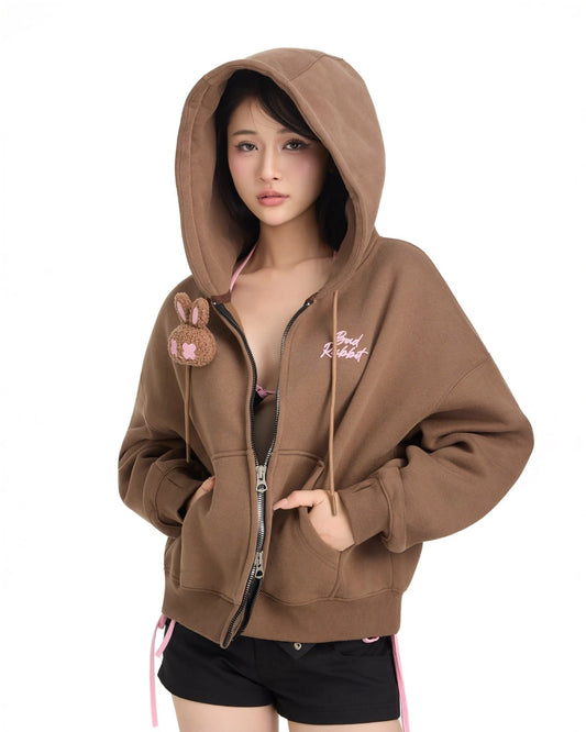 Logo Rabbit Zip Hoodie - Brown