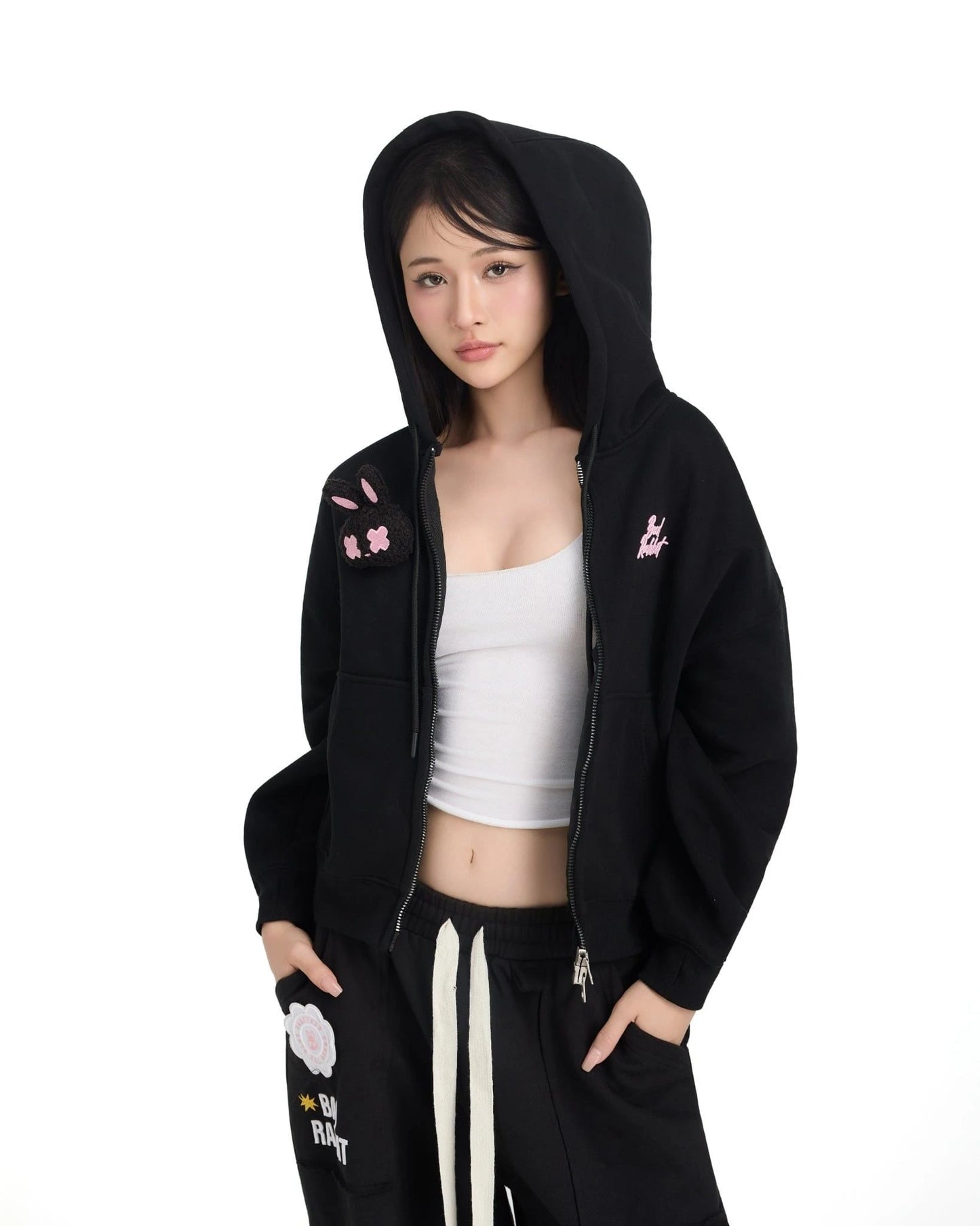 Logo Rabbit Zip Hoodie - Black