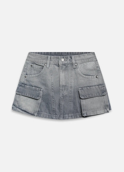 Denim Cargo Mini Skirt - Washed Grey