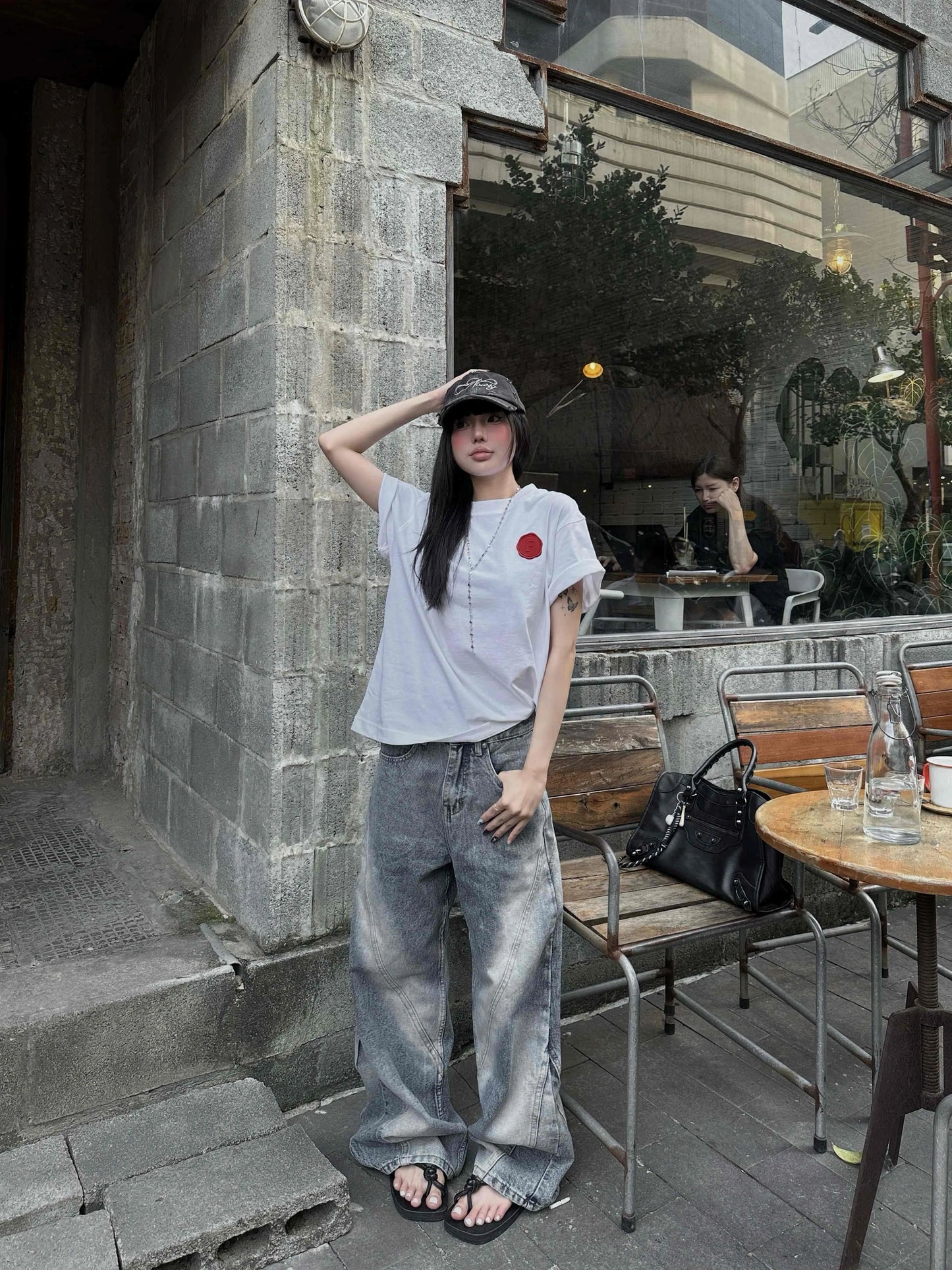 Bleached Wide Denim Pants - Blue