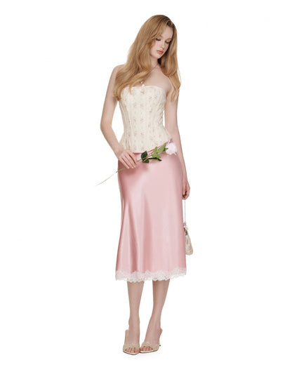 Rose Powder Lace Silky Skirt