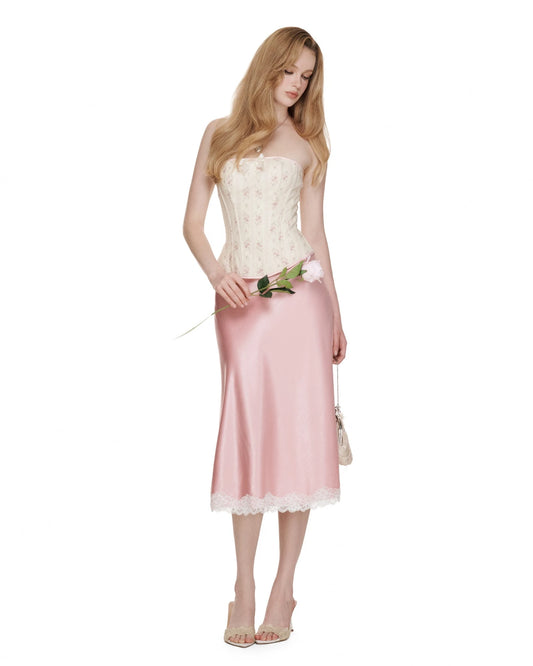 Rose Powder Lace Silky Skirt