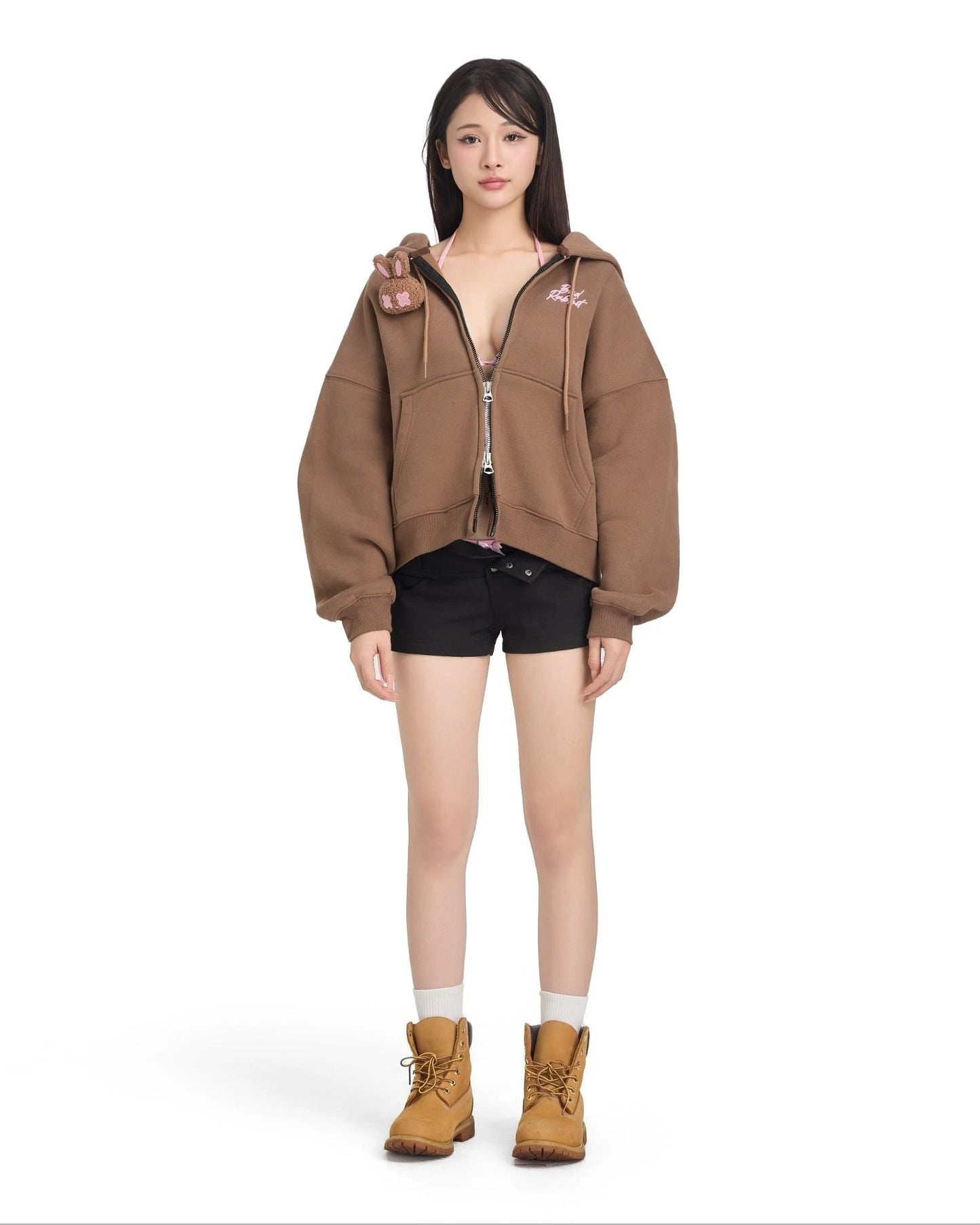 Logo Rabbit Zip Hoodie - Brown