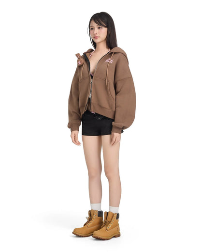 Logo Rabbit Zip Hoodie - Brown