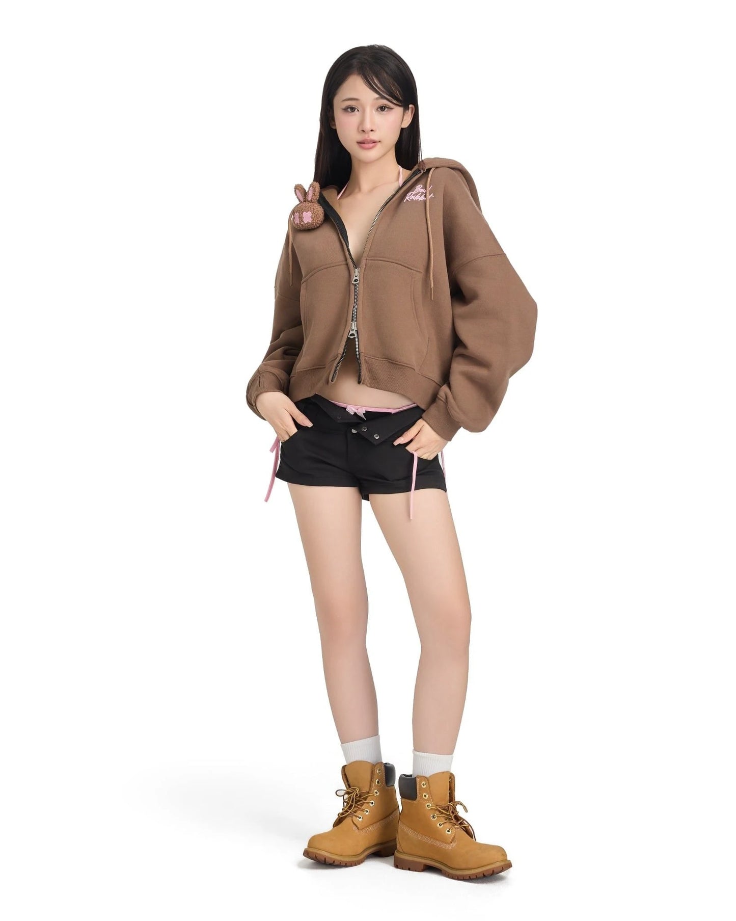 Logo Rabbit Zip Hoodie - Brown