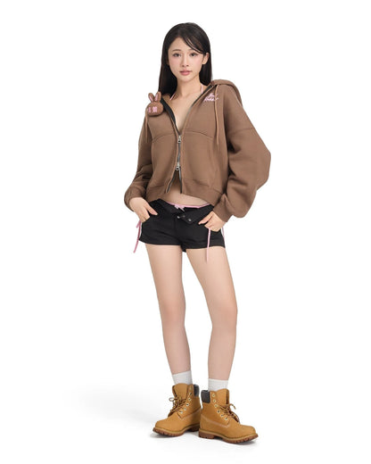 Logo Rabbit Zip Hoodie - Brown