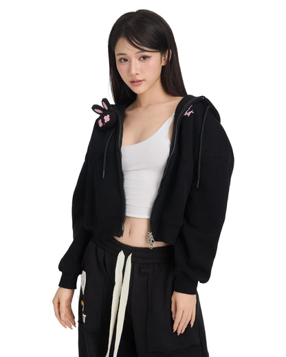 Logo Rabbit Zip Hoodie - Black