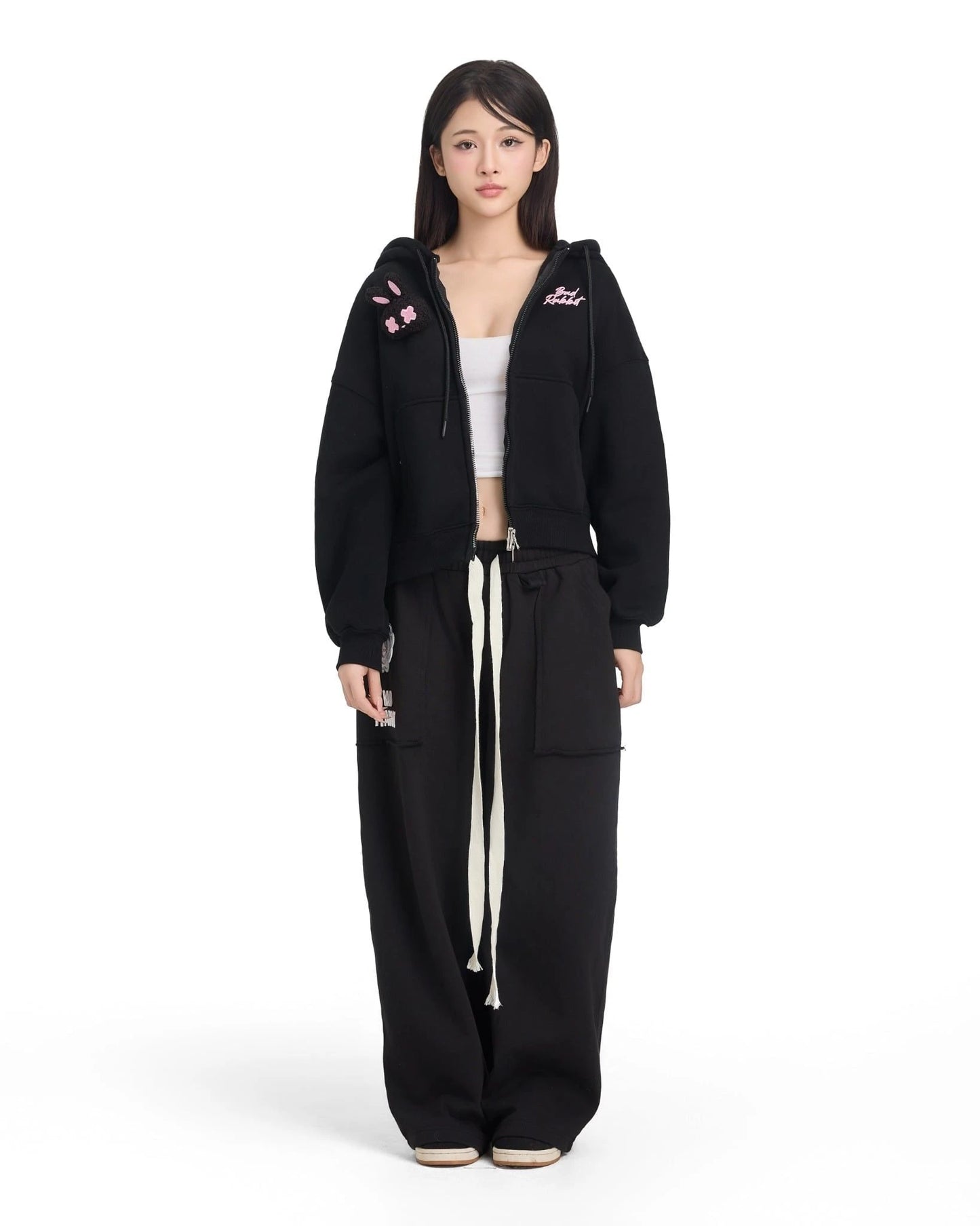 Logo Rabbit Zip Hoodie - Black