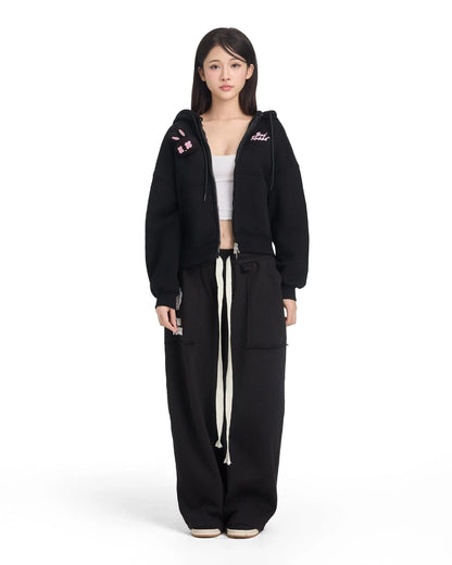 Logo Rabbit Zip Hoodie - Black