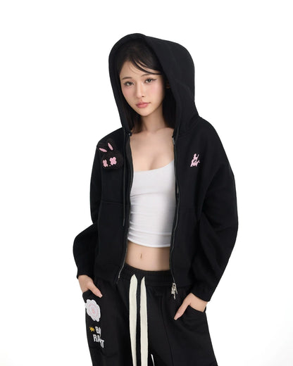 Logo Rabbit Zip Hoodie - Black
