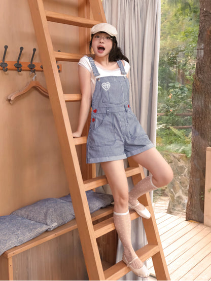 Striped Denim Dungaree Shorts